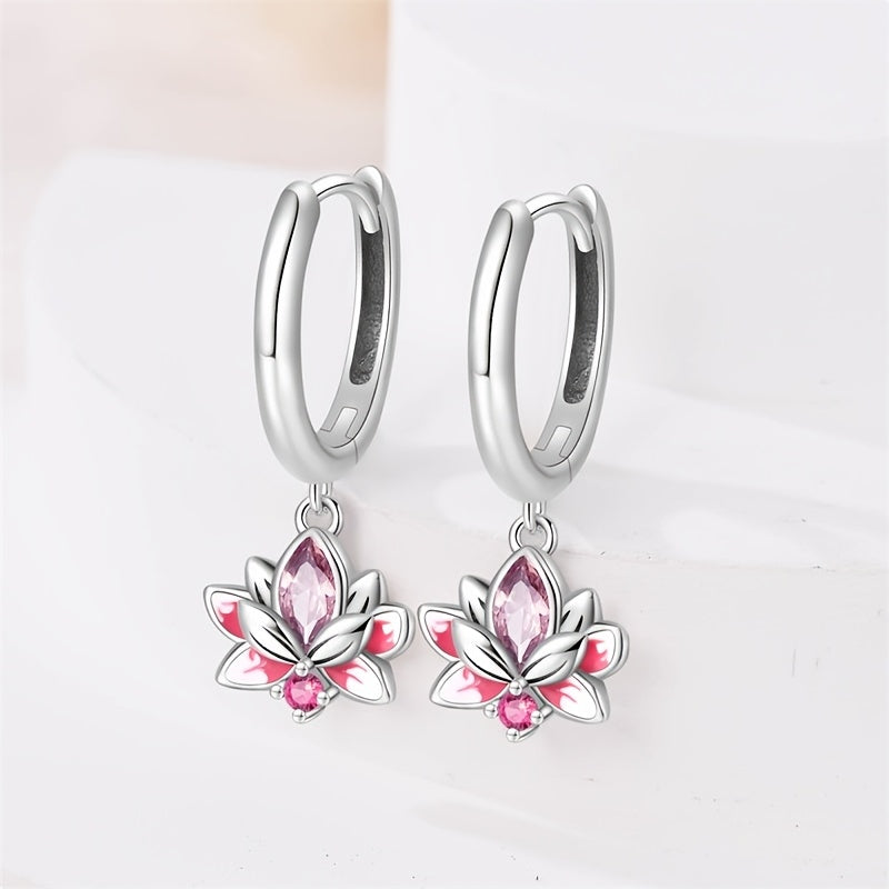 Sterling Silver Lotus Flower Hoop Earrings with Synthetic Zirconia, Boho Elegant Style, Silver Plated, Lightweight, Perfect for Parties and Vacations, Ideal for Spring Festivals, Versatile All-Season Jewelry