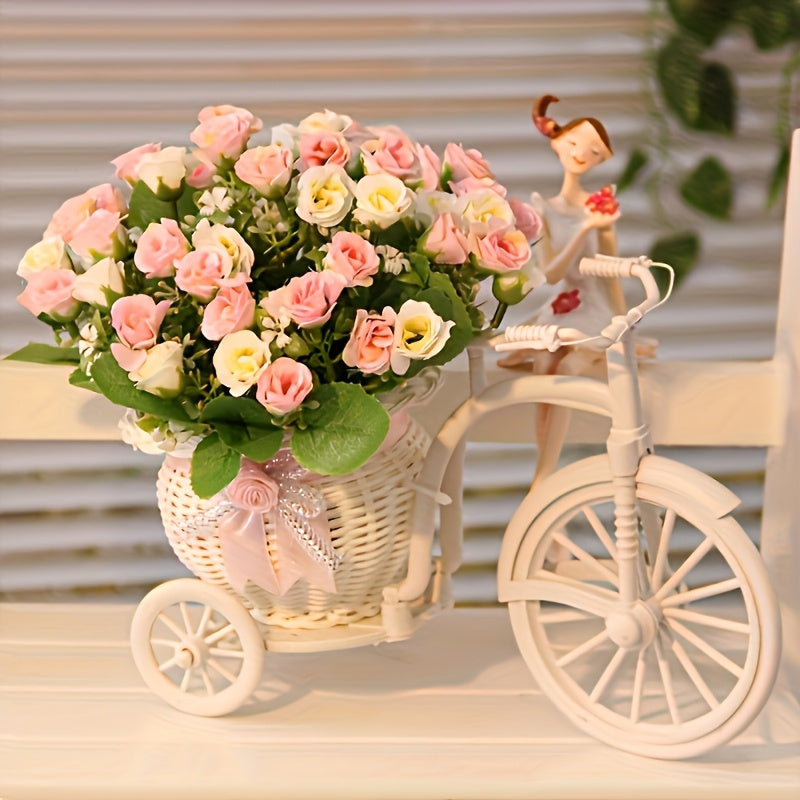 Stylish artificial flower pot on rattan cart for living room decor and supermarket displays.