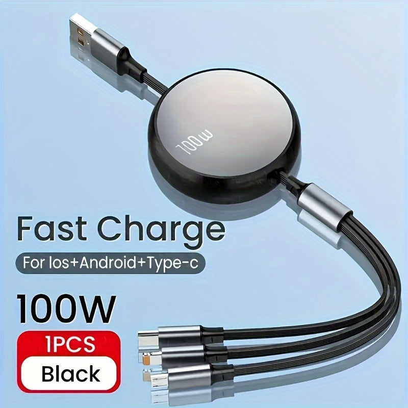 Retractable USB charging cable with 6A 100W fast charging for iPhone, Huawei, Samsung, etc. Data sync speed of 480Mbps and USB power supply under 36V.