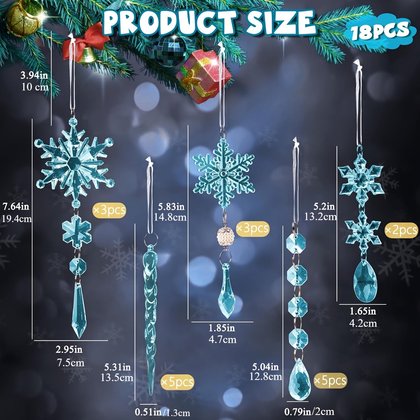 18 Christmas decorations including acrylic snowflakes and icicles with crystal pendants, light blue holiday ornaments that do not need electricity, perfect for Christmas, New Year, and seasonal celebrations as tree ornaments.