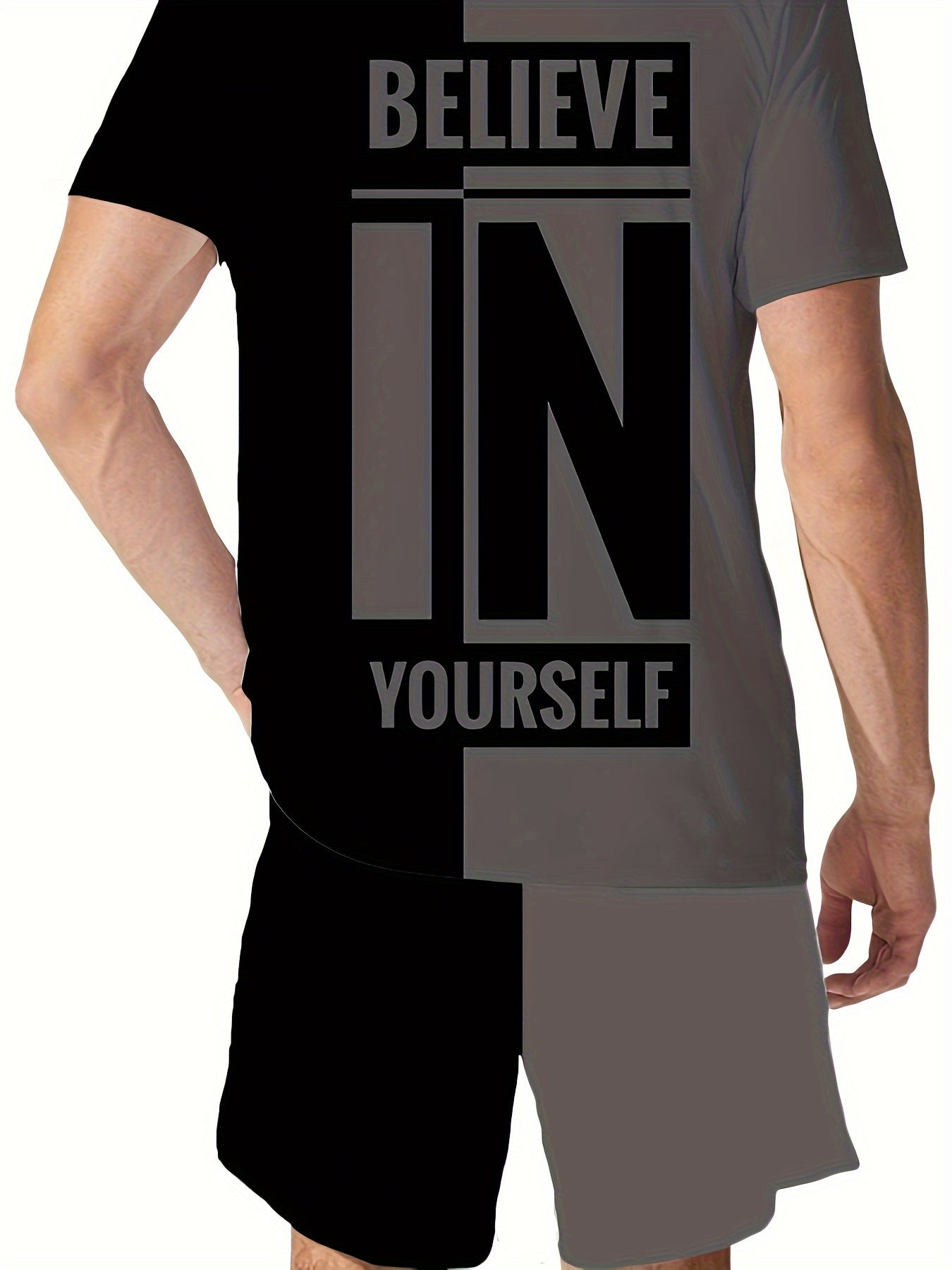 Believe In Yourself" plus size men's summer set with printed t-shirt and shorts.