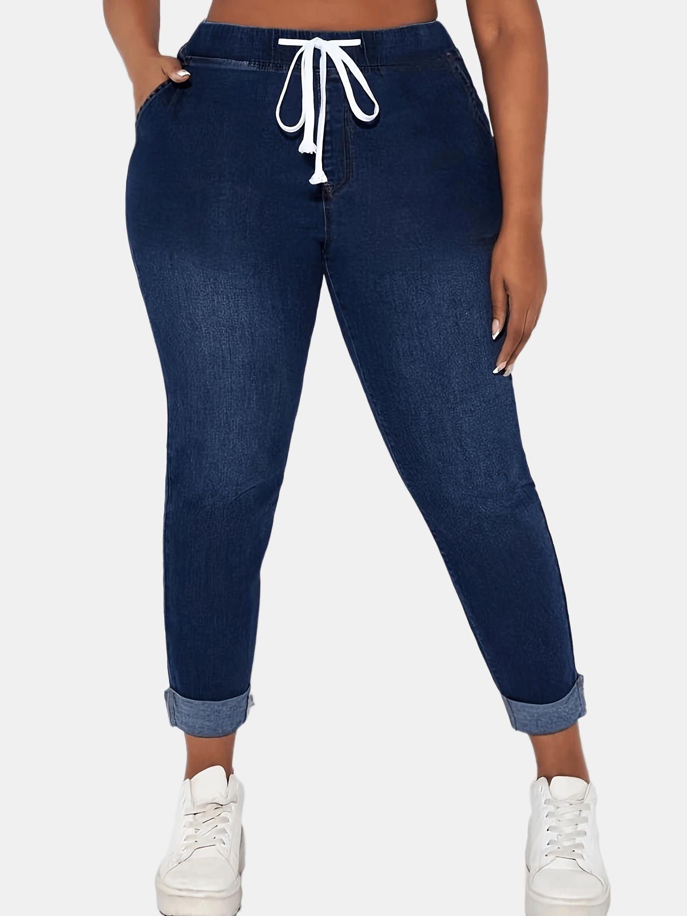 Womens' Plus Size High Waist Denim Jeans, Stretchy Cotton Blend, Solid Color, Long Skinny Fit, with Drawstring Waist and Cuffed Hem, All Season Wear