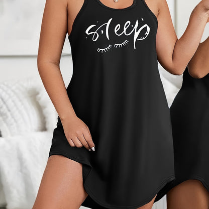 Plus size loungewear dress with scoop neck and racer back, featuring eyelash and letter print.