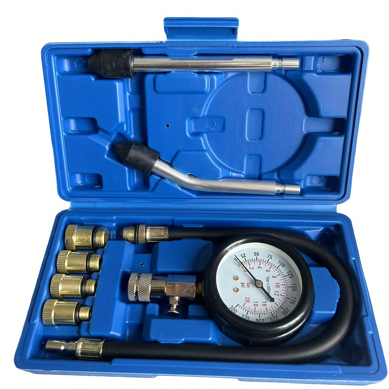 Compression tester kit for gas engines - 8 pieces, 0-300 PSI gauge, great for vehicles.