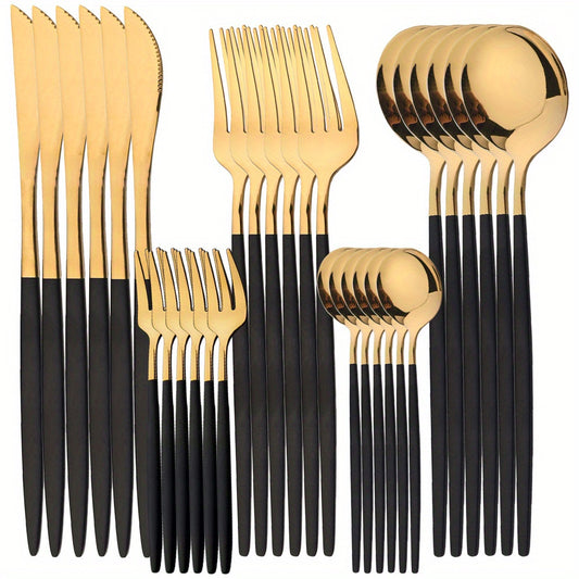 30-piece stainless steel cutlery set, including fork, knife, and spoon. Durable, dishwasher safe, and mirror polished.