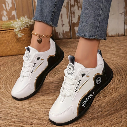 JUKEFULA Women's Colorblock Sneakers - White & Gray, Anti-Slip, Soft PVC Sole, Round Toe, Lace-Up Closure, All Seasons