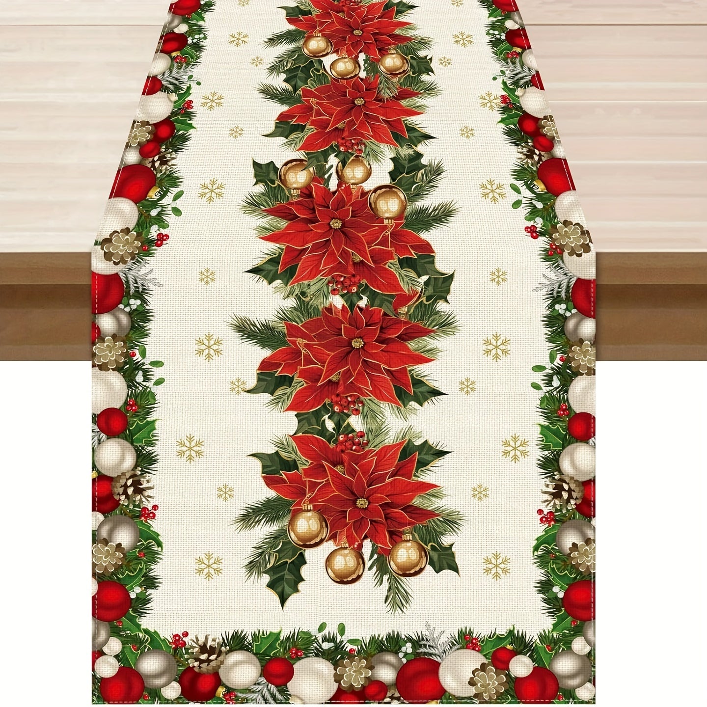 Snowflakes Christmas Linen Table Runner in various sizes for home decoration.