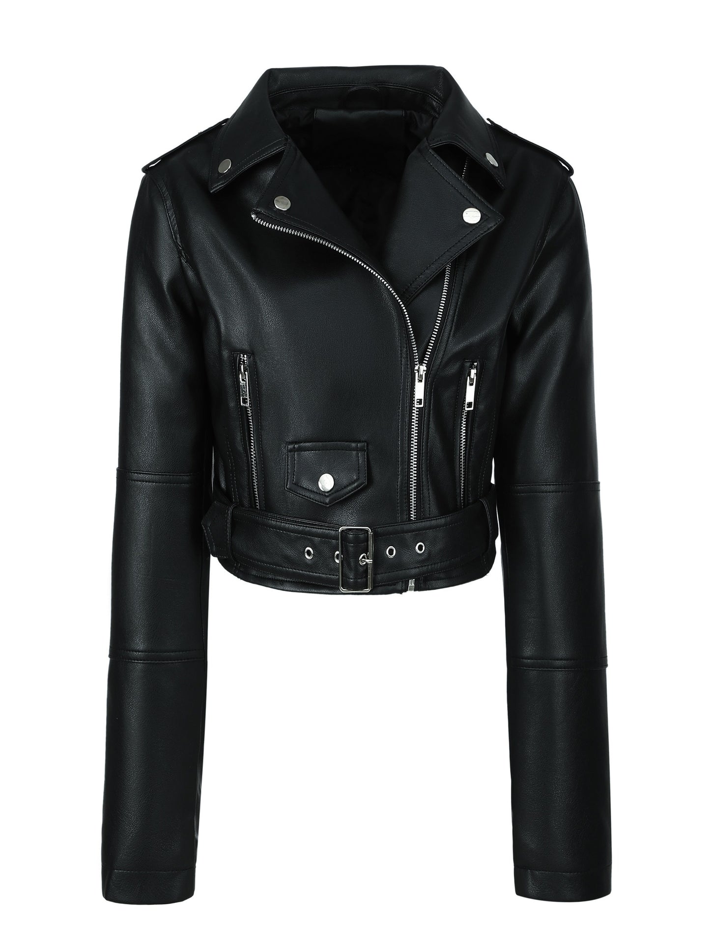 Stylish faux leather crop jacket for women, perfect for fall and spring weather.