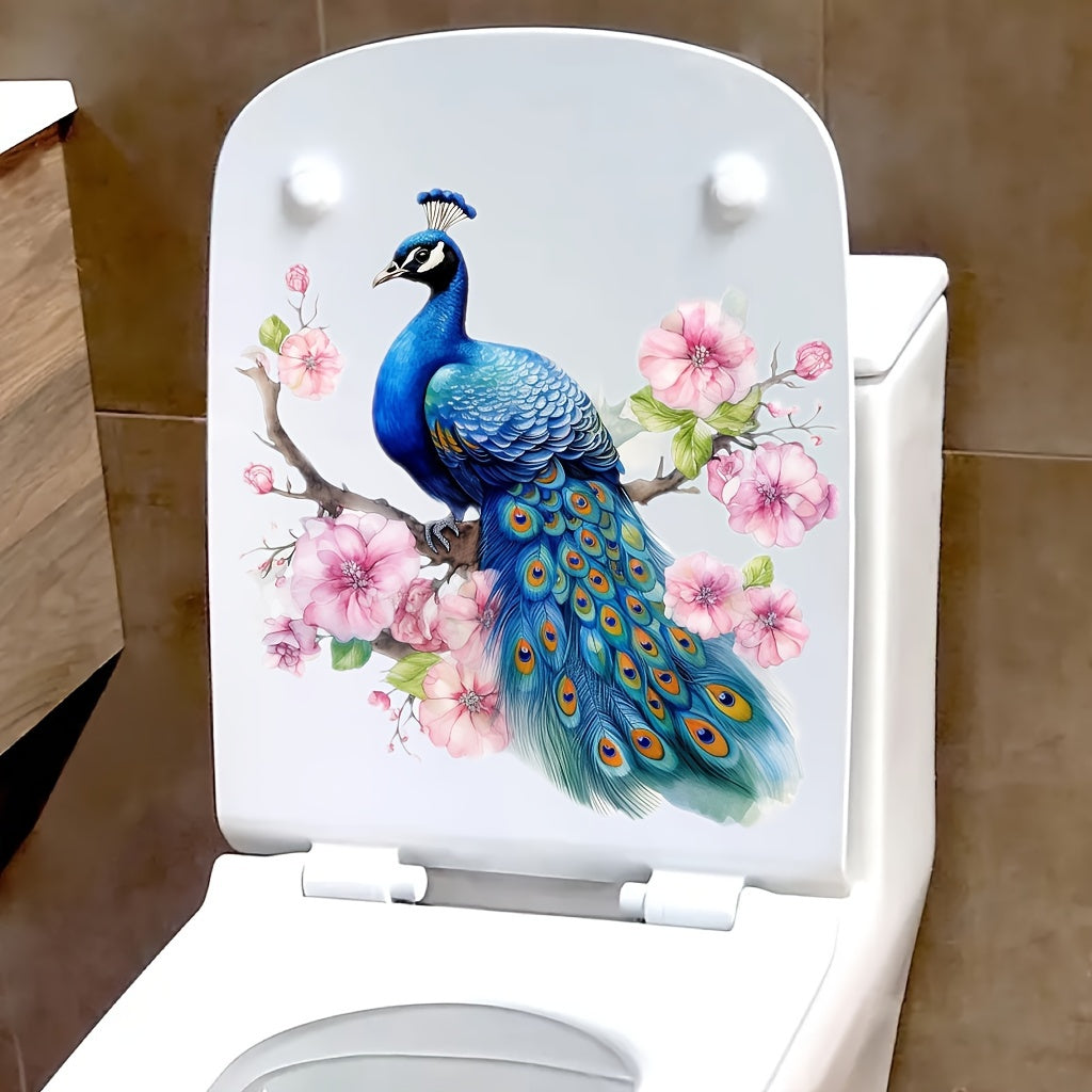 Self-adhesive PVC stickers for decorating bathroom walls, windows, and appliances with a peacock theme.