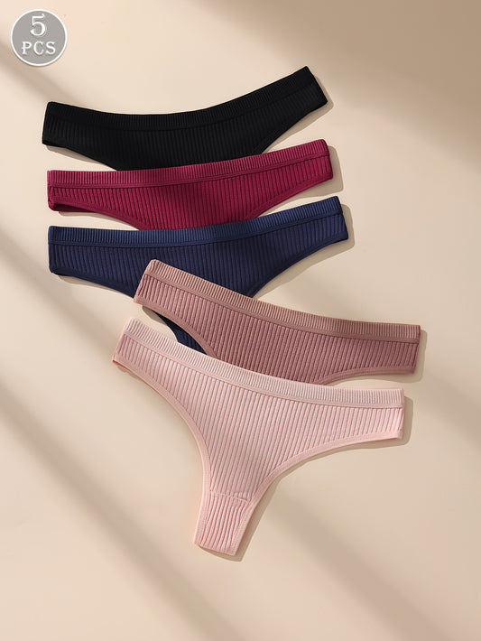 5-Pack low rise T-back thongs for women made of sexy cotton with seamless ribbed knit and solid colors for a comfortable fit.