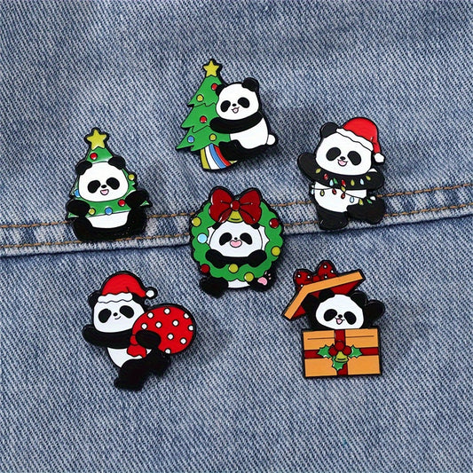 Set of 6 adorable enamel pins featuring cute cartoon pandas, made of durable alloy in animal shapes. Perfect for adding a touch of holiday cheer with novelty Christmas themed lapel badges. These decorative ornaments are great for accessorizing bags and