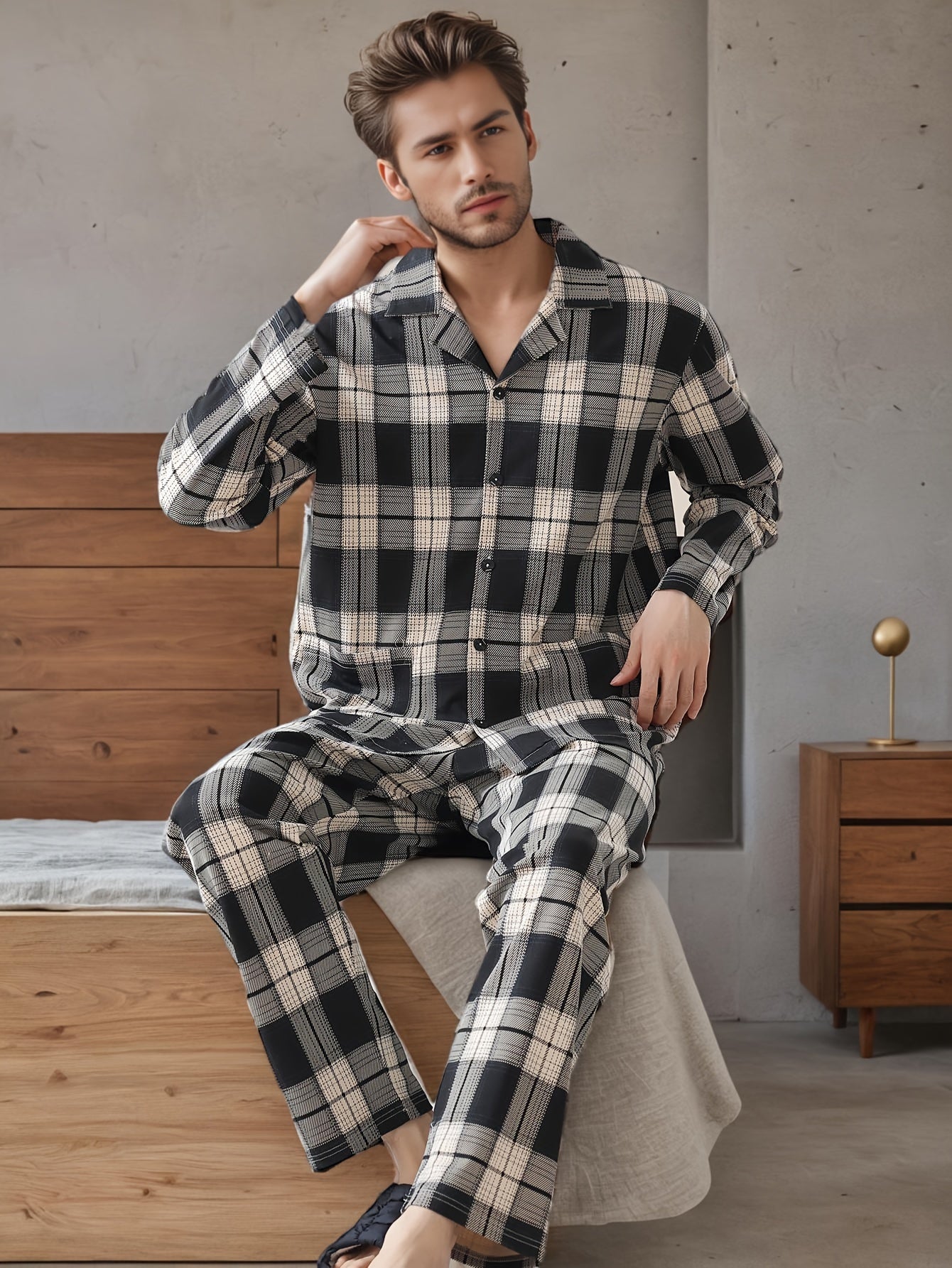 Men's plaid pajama set with long sleeves, lapel collar, slight stretch, and casual style. Made of 95% polyester and 5% elastane. Suitable for spring/fall.