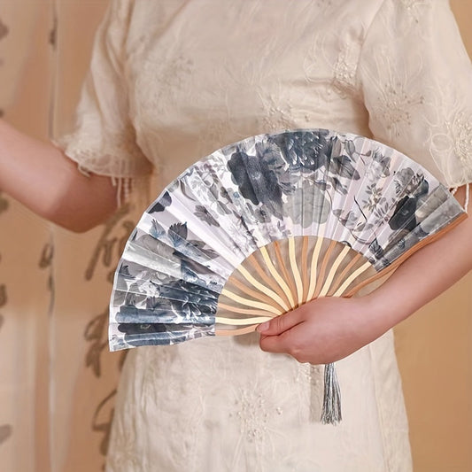 Chinese Style Folding Fan with Ink-Wash Floral Design, Vintage Retro Prop, Traditional Foldable Fan for Daily Use in Summer, Portable Handheld Fan