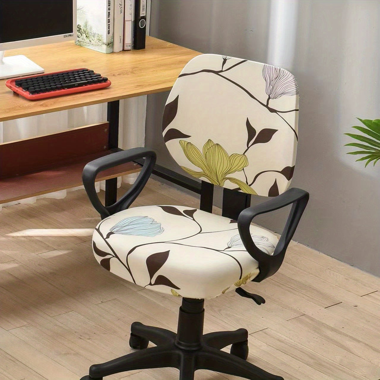 Elastic slipcover for computer dining chair, spandex material, washable and suitable for office or home decor.