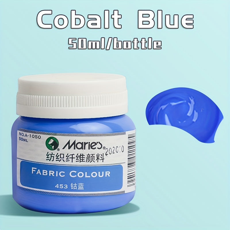 1 bottle of Marie's Fabric Paint, 50ml - 12 colors available for permanent clothes painting. Includes medium brush. Ideal for artists and crafters. Suitable for t-shirts, shoes, jeans