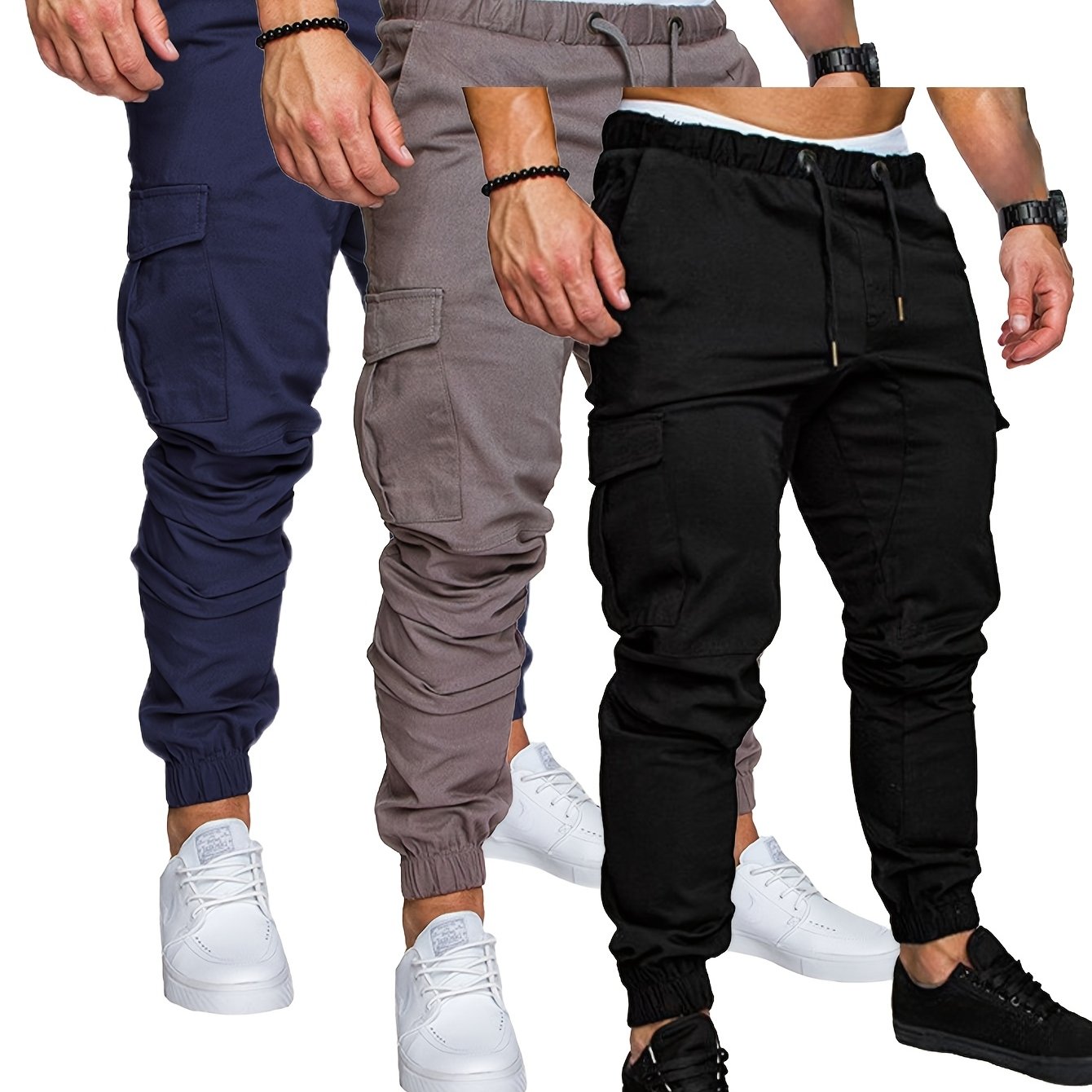 3-Pack men's casual cotton cargo pants with drawstring waist, standard fit, regular length, and solid color woven fabric.