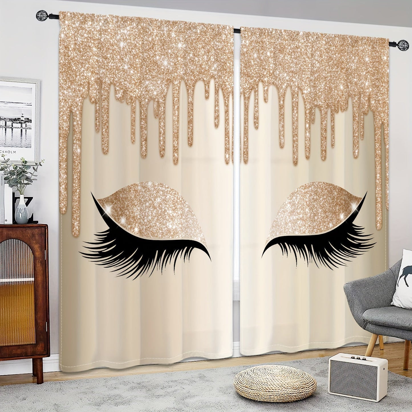 Set of two Eyelash Printed Curtains, Rod Pocket Window Treatments ideal for Bedroom, Office, Kitchen, Living Room, Study, and Home Decor. Enhance your room with stylish and aesthetic decorative curtains.