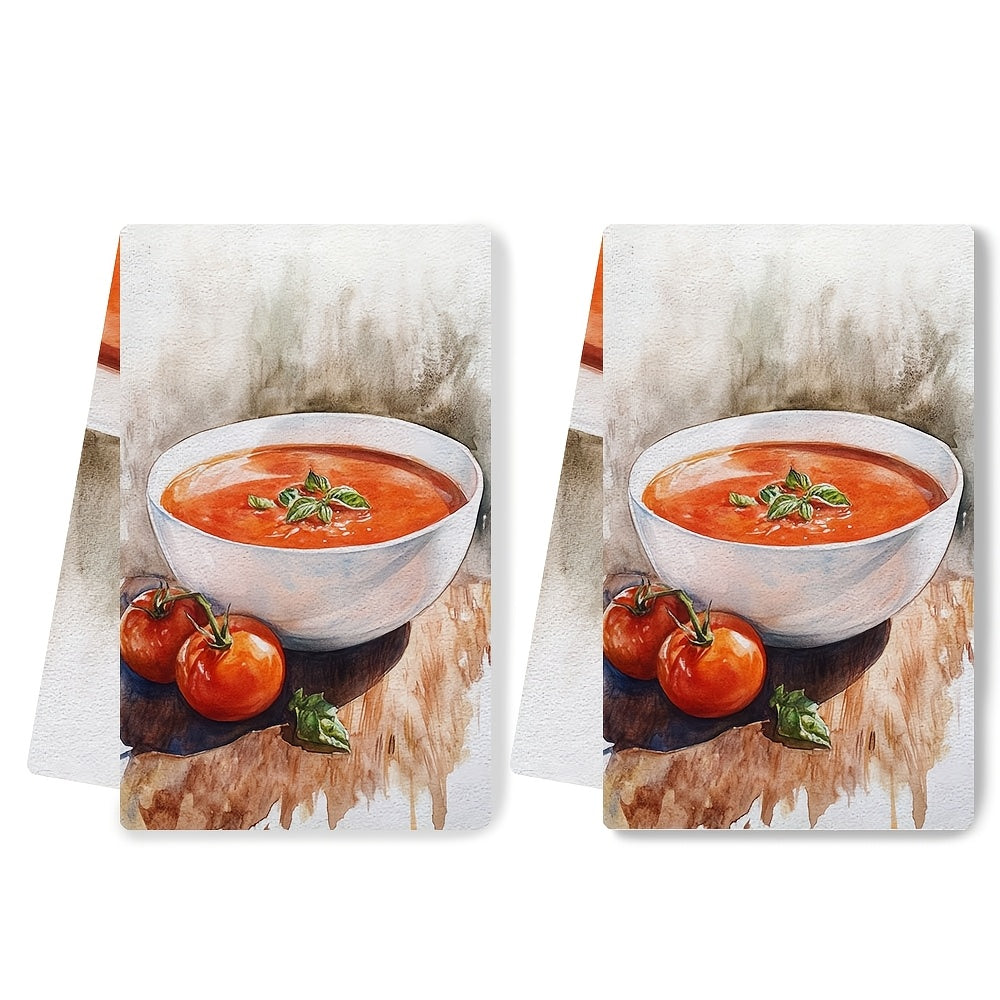 Get 2-piece Ultra Soft Kitchen Towels - Made of Highly Absorbent Polyester, these Machine Washable Dish Hand Towels feature a Tomato Soup & Basil Design. Measuring 40.64x60.96 cm, they are Perfect for Holiday Decor and Dish Towels.