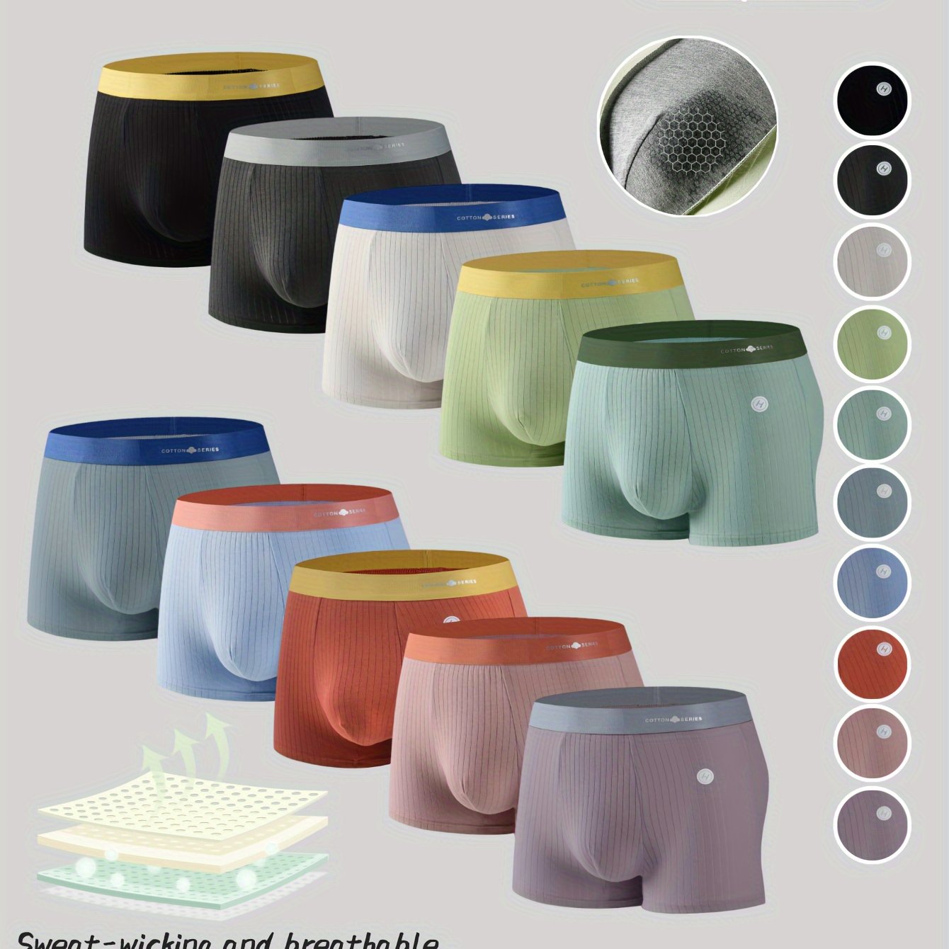 10 cotton boxer briefs for men with elastic waistband, sweat absorbent and color block design.