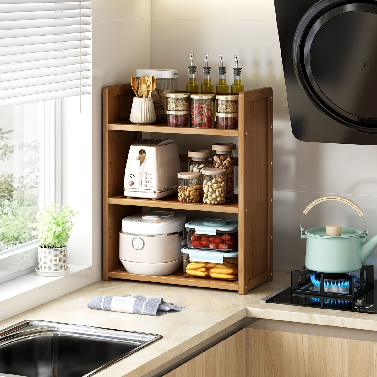 Large freestanding organizer made of brown hardwood, designed with open shelves for kitchen storage. Easy assembly with no power needed, perfect for home and kitchen use.