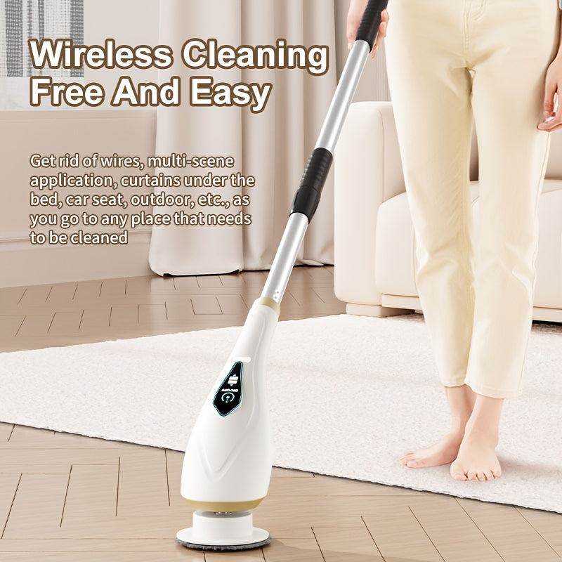 Set of 8 Multi-Functional Electric Cleaning Brushes, featuring Cordless 2-Speed Rotating Scrubber with Adjustable and Detachable Handle. Includes Replaceable Brush Heads and is designed for use in the Bathroom, Toilet, Tile, and Floor. Equipped with a