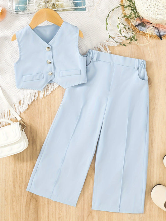 2-piece polyester pants set for girls with solid color sleeveless top and elastic waist trousers. Loose fit, non-stretch fabric for daily and casual wear, suitable for outdoor activities.