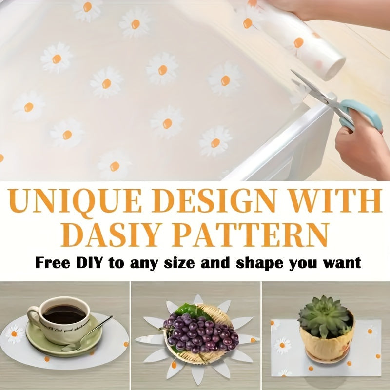 Waterproof Non-Slip Shelf Liner Roll - Plastic, featuring a Daisy Pattern. This Dustproof Drawer Mat is designed for use in Kitchen Cabinets, Refrigerators, and as a Table Pad. It is Moisture-Proof and perfect for use as a Household Liner.