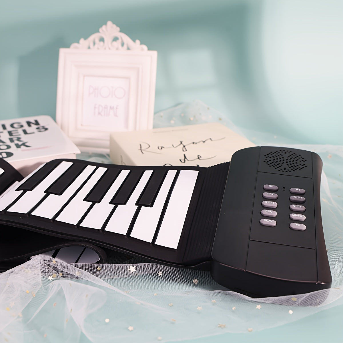 Micro Poly 49-Key Portable Roll-Up Piano Keyboard with Silicone Keys in Black. USB & Battery Powered, Ideal for Beginners. Compact and Easy to Carry Design, Perfect for Home Use. Includes