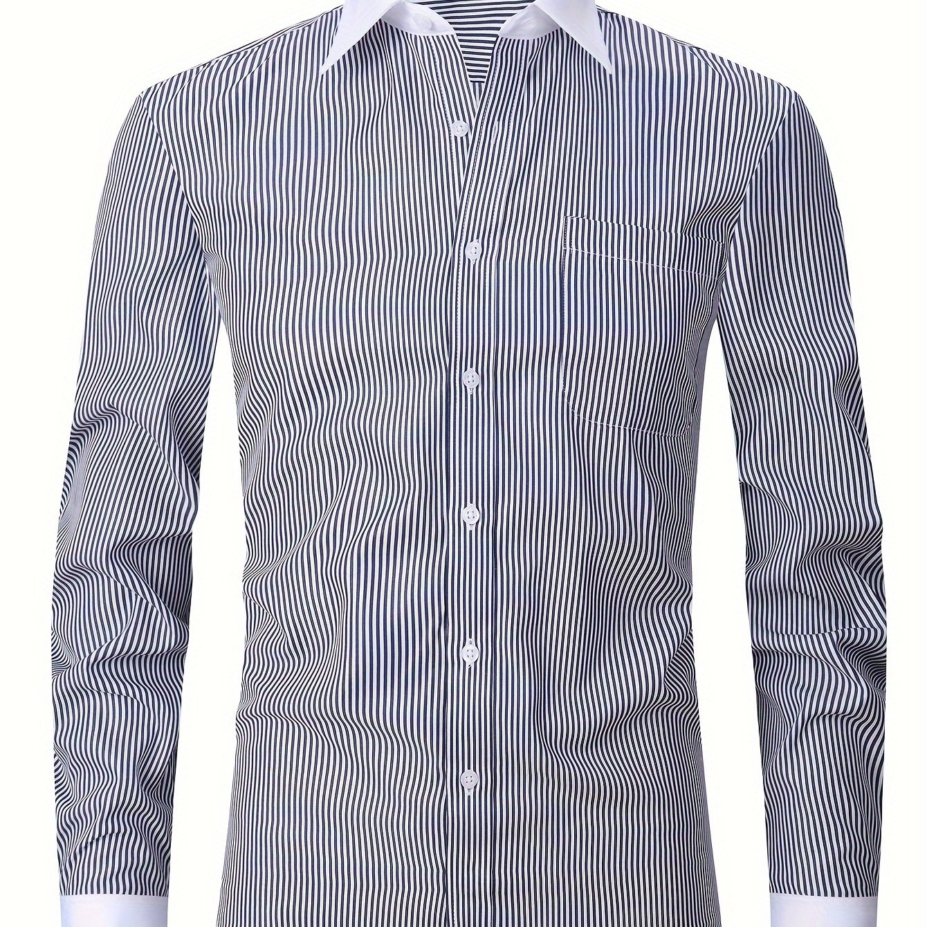 ESEA Men's Elegant French-Style Striped Dress Shirt: Long Sleeve, Double Layered, Cotton Blend with Chest Pocket, Perfect for Weddings & Events, Includes Random Cufflinks