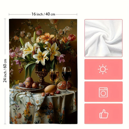 Set of 2 Ultra Soft Kitchen Towels featuring a beautiful Easter table centerpiece of lilies and tulips in an oil painting style. These highly absorbent dish hand towels are perfect for holiday decor. Machine washable and measuring 16x24 inches. Item