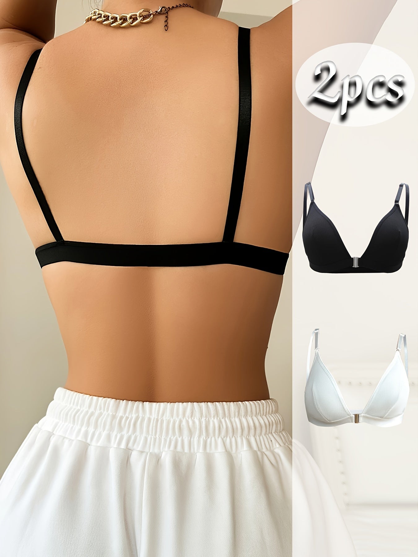 2-Pack Elegant Polyester Push Up Bras for Women - High Support, Solid Color, Knit Fabric, Wireless, No Padding in Black and White