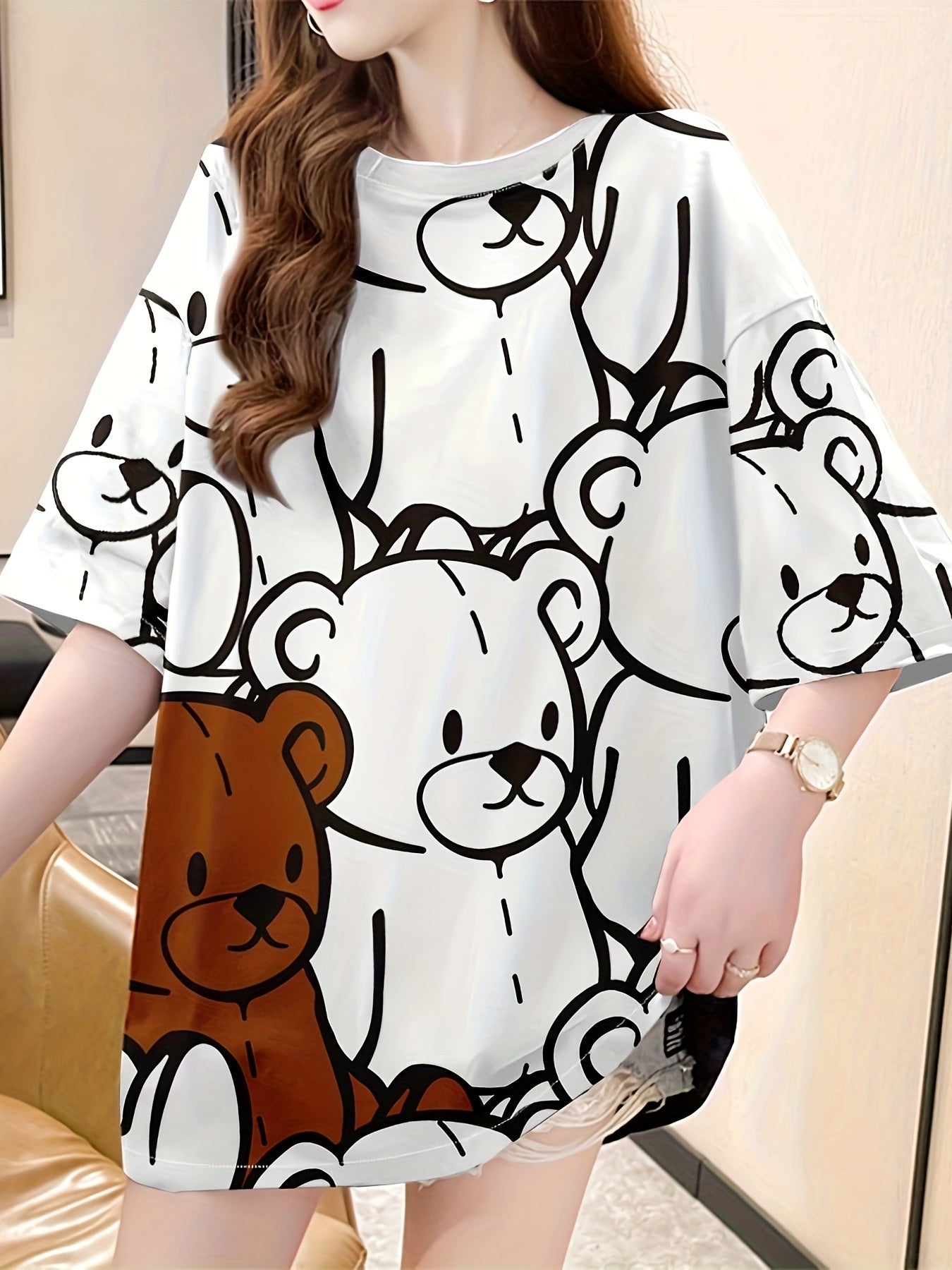 Women's casual bear print T-shirt with long sleeves, crew neck, and loose fit knit fabric for all seasons.