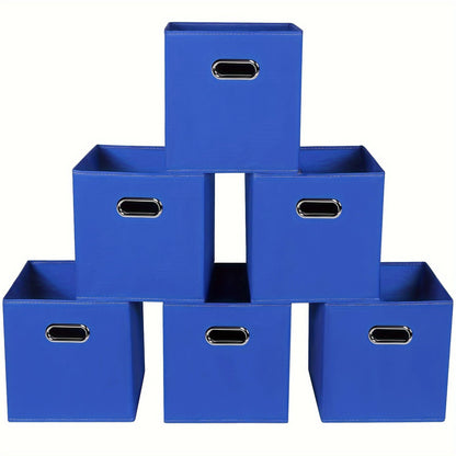 6 pieces of foldable fabric storage bins with handles are available in classic cube designs for organizing your home, bedroom, or office. Choose from black, blue, or cream options.