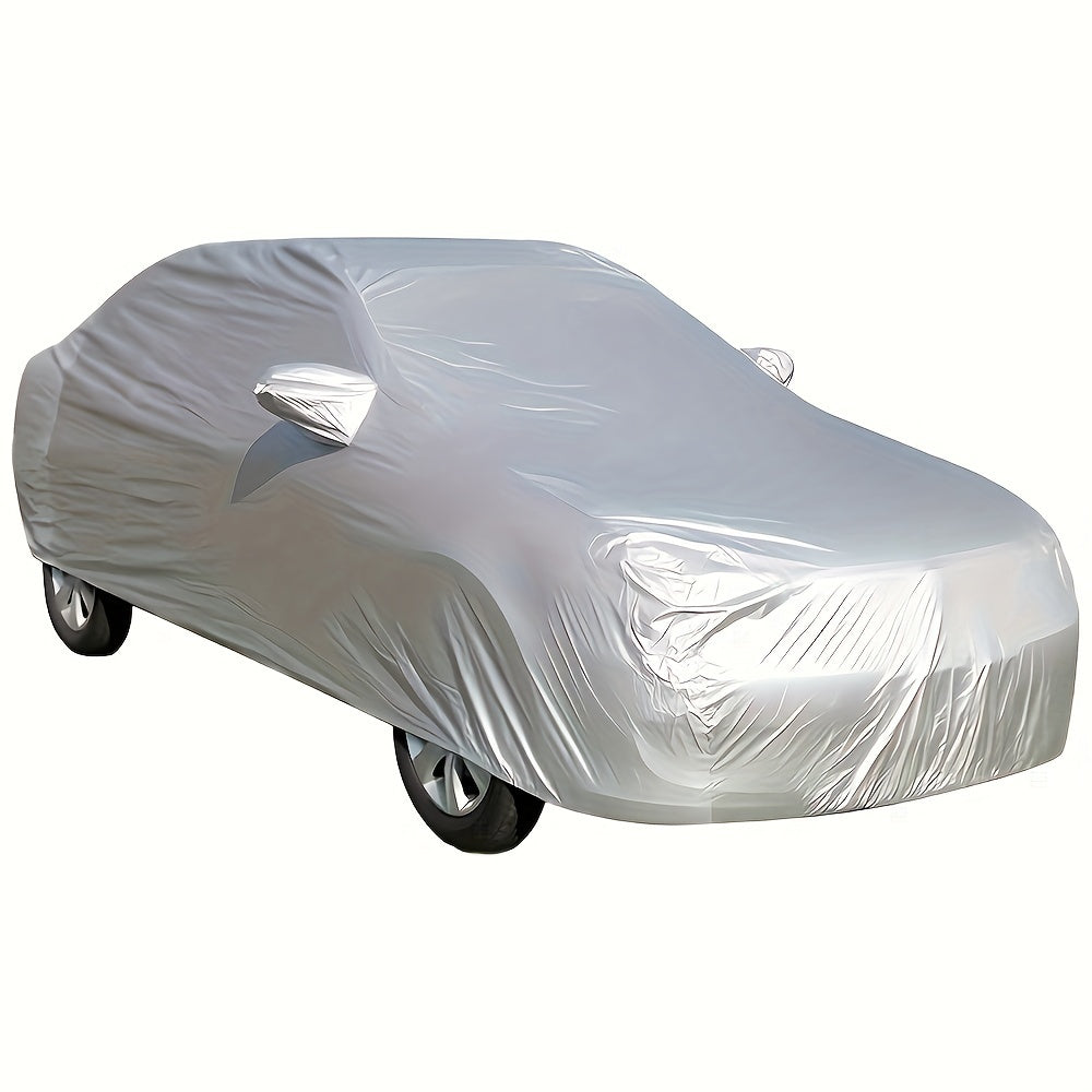 Silver car cover offers UV protection, heat insulation, and waterproofing with a metallic texture for full sunshade and dust cover.