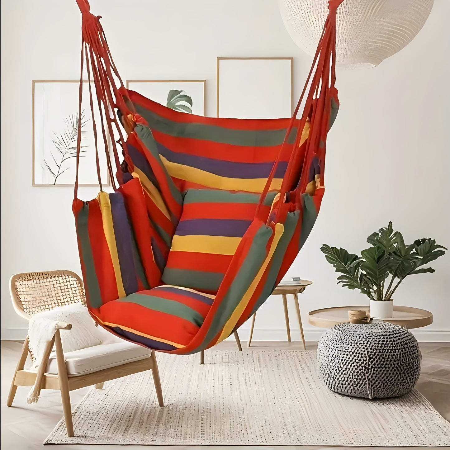 Blue & Green Striped Hammock Chair with Wooden Rod for Indoor/Outdoor Relaxation.