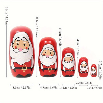 Handmade wooden Santa nesting dolls for kids, perfect for holidays.