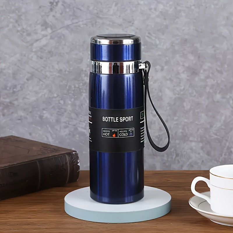 Large capacity travel kettle for outdoor sports made of 316 stainless steel, with an insulated cup and portable strap.