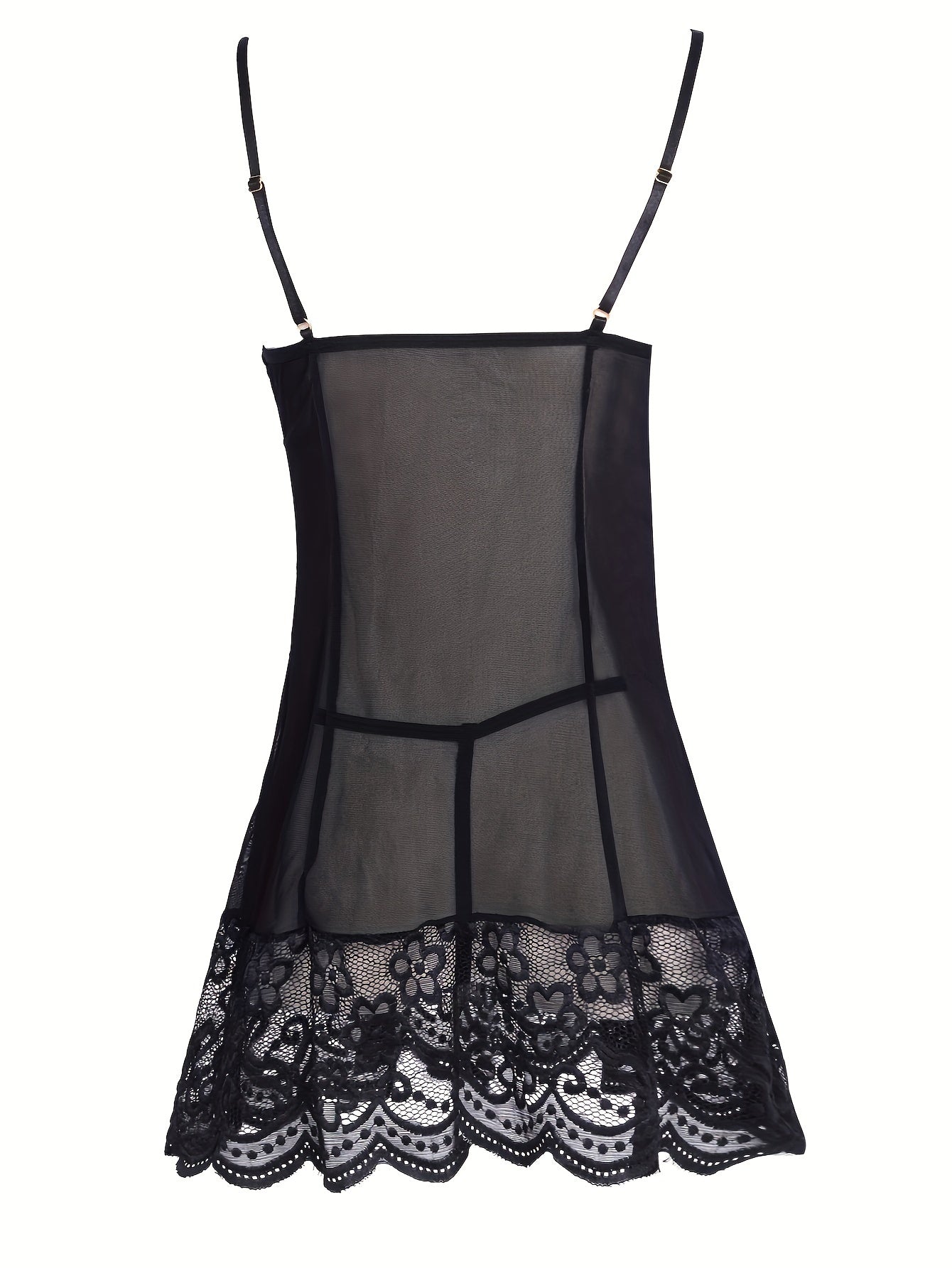 Women's black lace lingerie set includes a sheer slip dress with V-neck and matching thong featuring intricate floral patterns. Made from a soft polyester blend, perfect for romantic