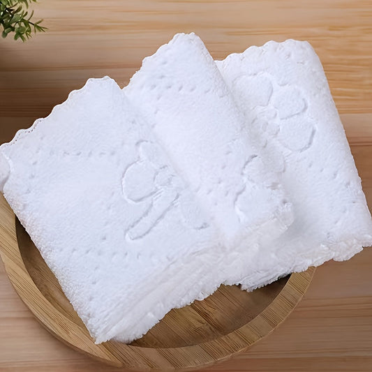 300 pieces of white towels with flower embossed washcloth design made of soft microfiber material. These small square towels can be used as simple plain cleaning cloths for your home, bathroom, or hotel. They are ideal for bathroom and cleaning supplies