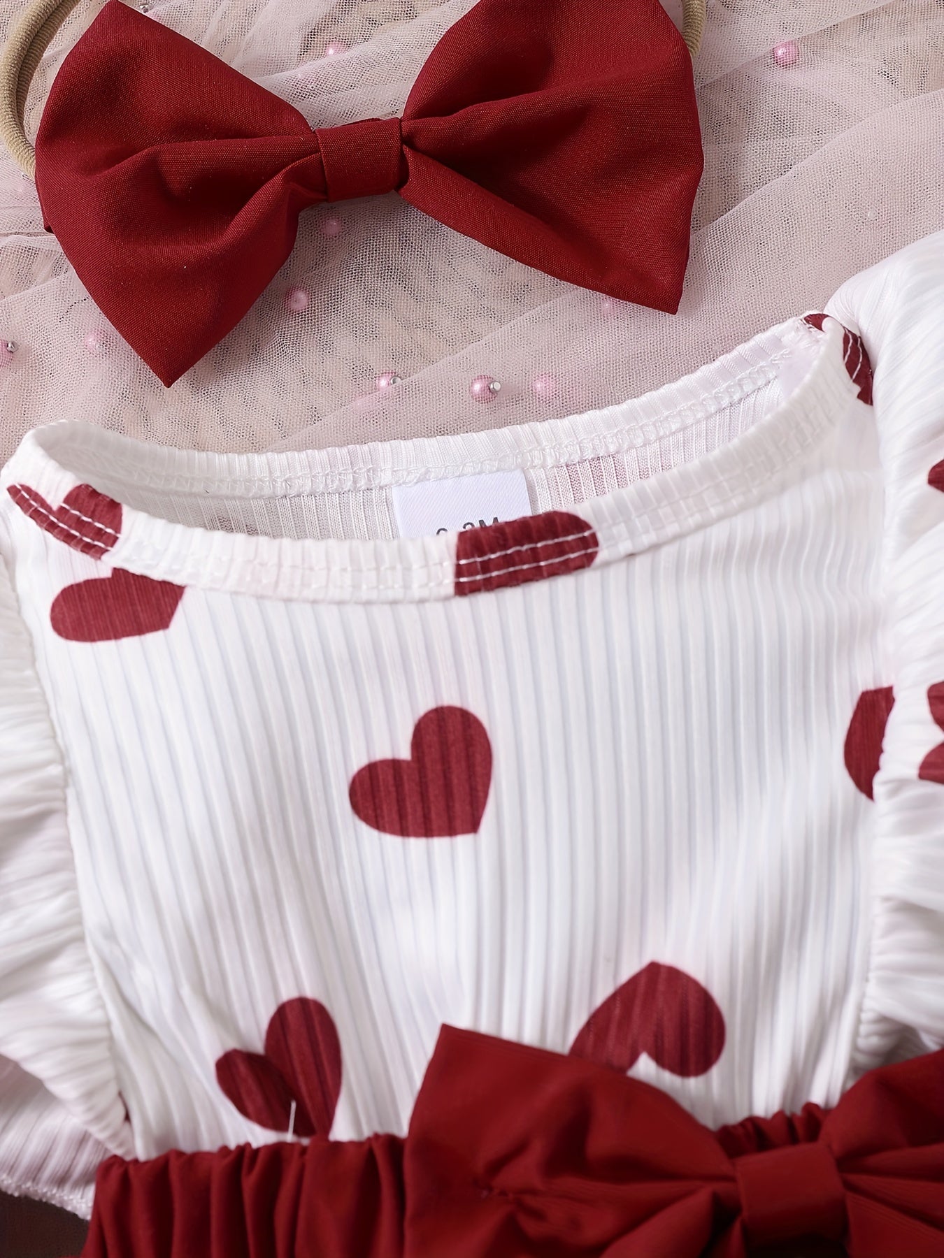 Heart print dress set with bow detail, made from polyester knit fabric in a regular fit for fall/winter, comes with matching headband - P100996, perfect for outdoor wear.