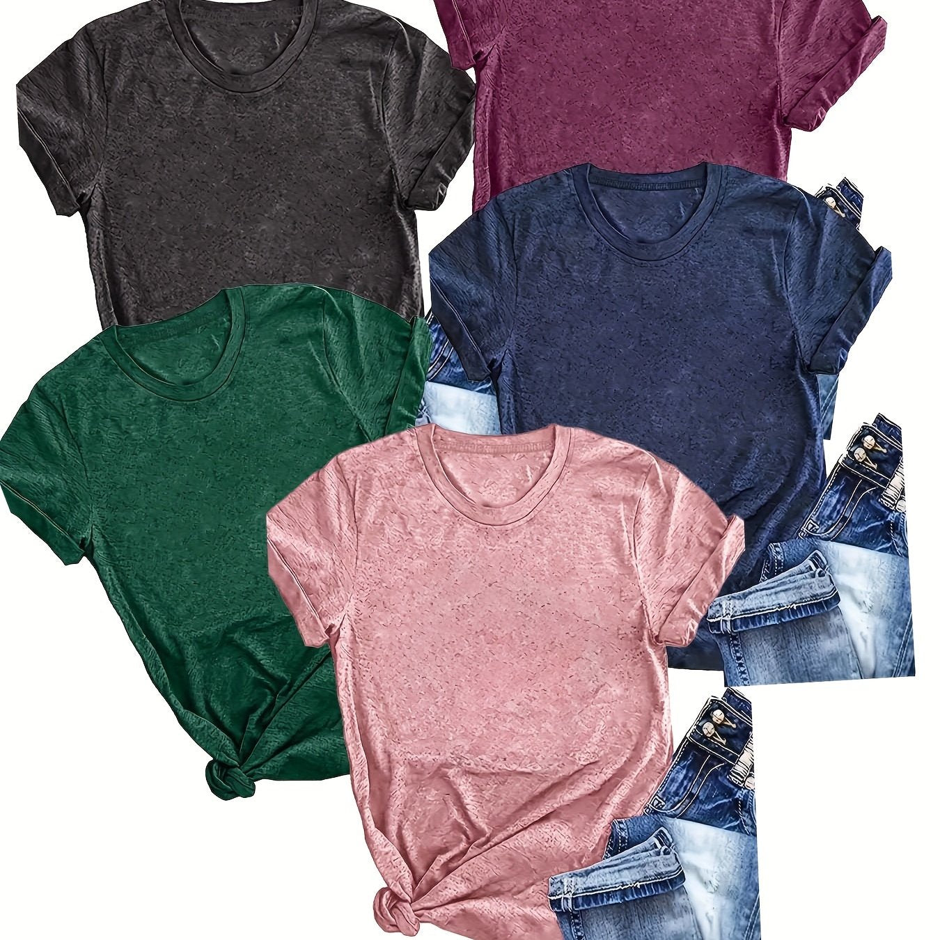 5-Pack Women's Casual Crew Neck T-Shirts, Solid Color Short Sleeve Summer Tops made from Polyester Knit Fabric with Slight Stretch