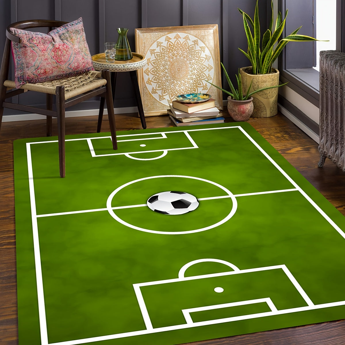 Add a vibrant touch to your home decor with this vibrant green soccer stadium design area mat. Made from soft, non-slip polyester, this stain-resistant rug is perfect for living rooms, doorways, hallways, and balconies. Bring a sporty vibe to your space