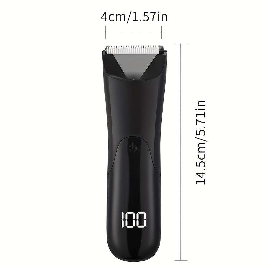 Men's groin and body hair trimmer with portable electric ball trimmer, ceramic blade head, 2 guard attachments, wet and dry shaver, silent USB rechargeable razor, LED light, and 500mAh