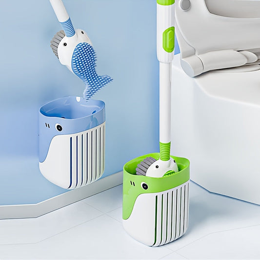 Whale-Shaped Toilet Brush Set with Holder, Suction Cup Base, and Self-Dispensing Cleaning Solution - Features Silicone Bristles, Press-Type Liquid Release, and Reusable Plastic Handle. Suitable for Bathroom, Toilet, Kitchen, and Patio Use with No Power