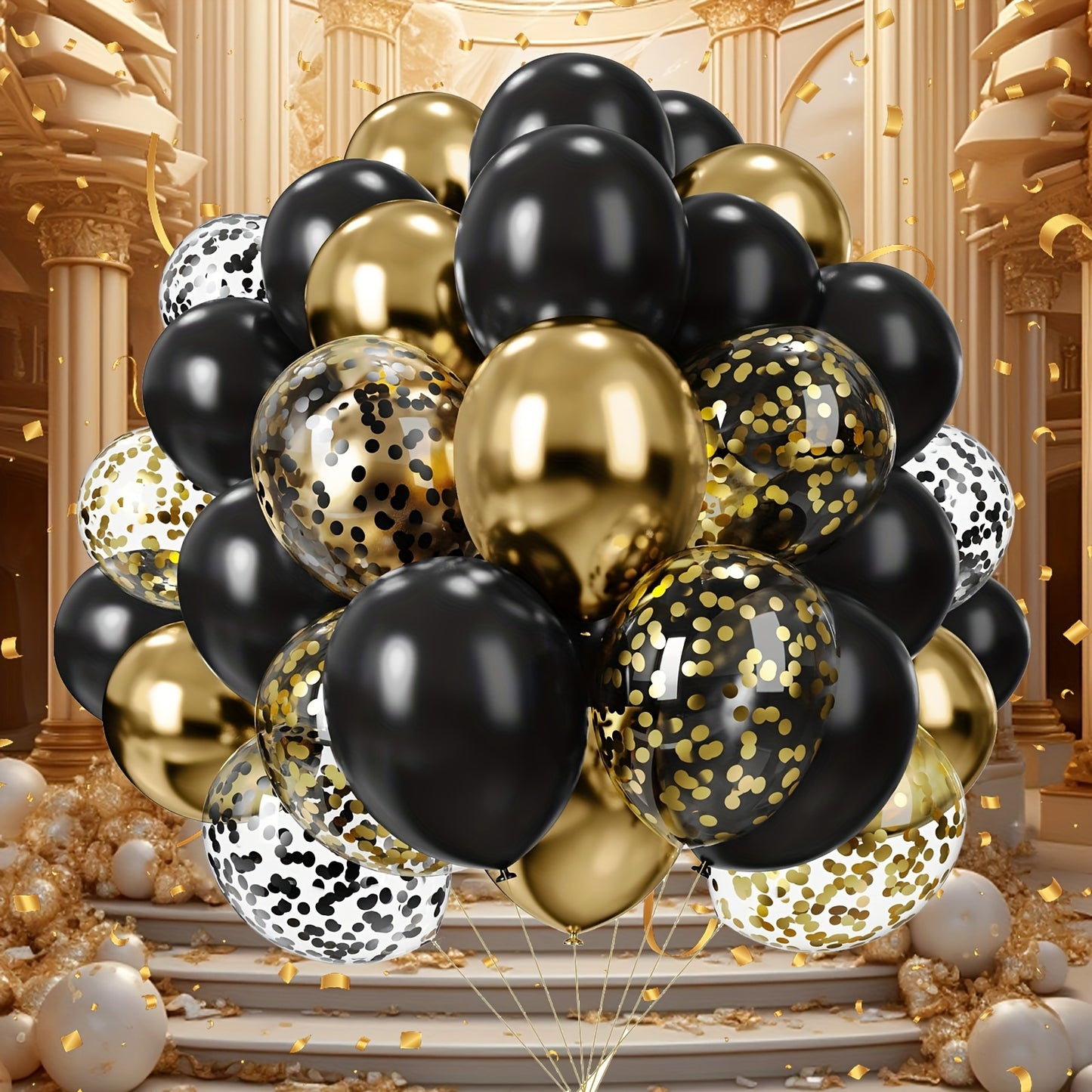 52 Black Golden Confetti Latex Balloons for various celebrations.