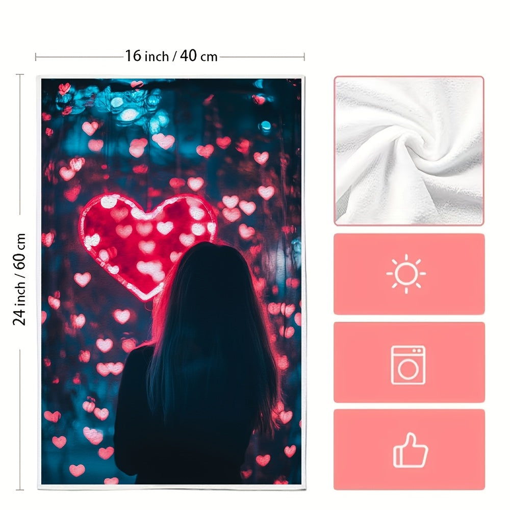 This bundle includes a set of two ultra-soft kitchen towels, ideal for enhancing your holiday decor with their concert wave heart lights design. These towels are highly absorbent, easy to clean in the washing machine, and measure 40.64x60.96 cm.