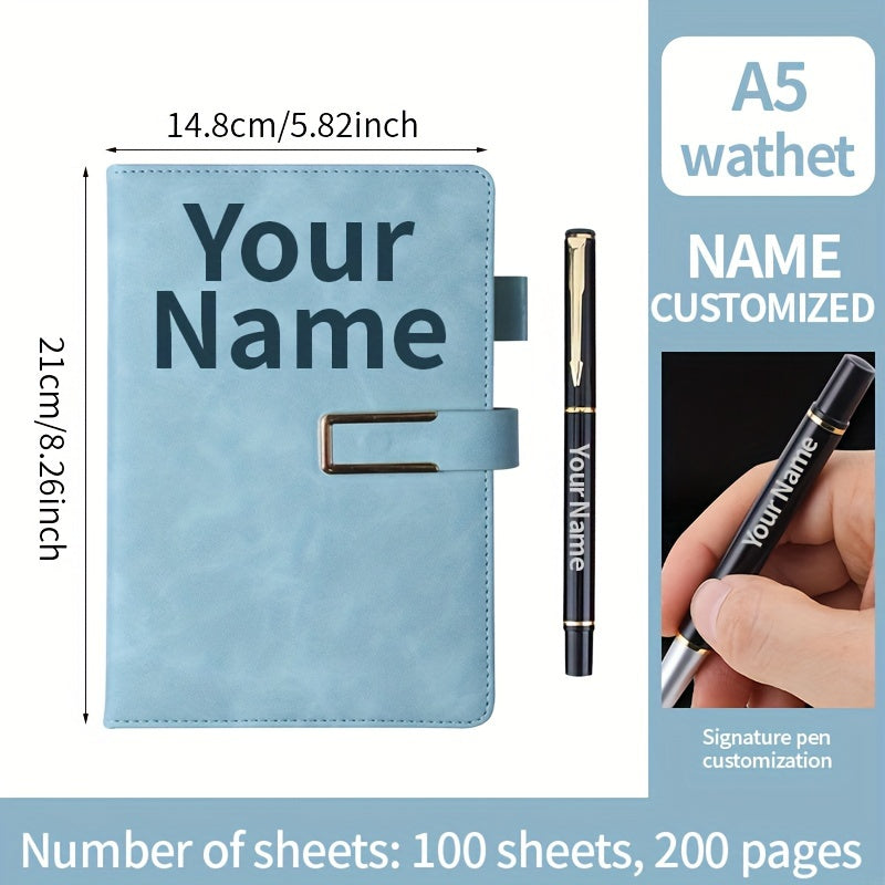 Personalized A5 notebook with custom engraved pen, minimalist textured design with plain pages for notes, journaling, and meetings. Includes custom name, phone, and logo. Features retro