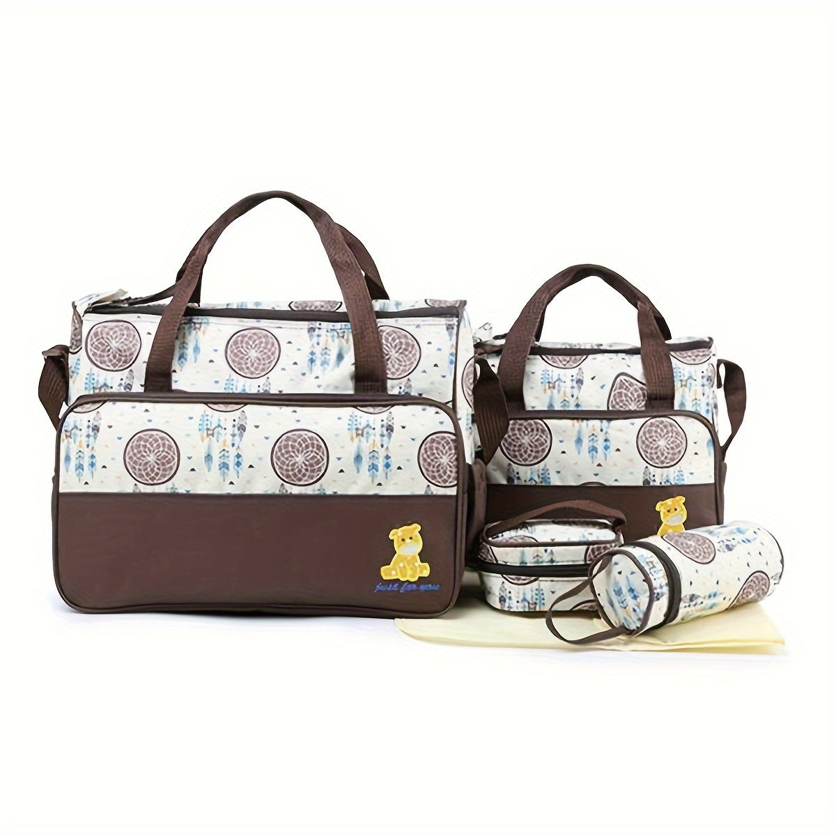 5-Piece Chic Geometric Print Parent Bag Set - Stylish and Functional Diaper Bags with Shoulder Strap for Busy Parents