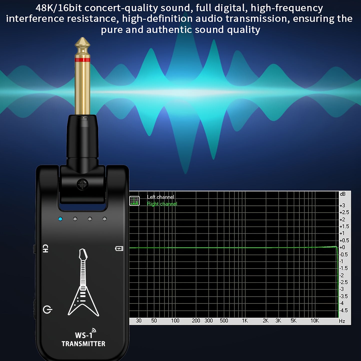 Black 2.4GHz wireless guitar system, ABS material, compatible with electric and bass guitars