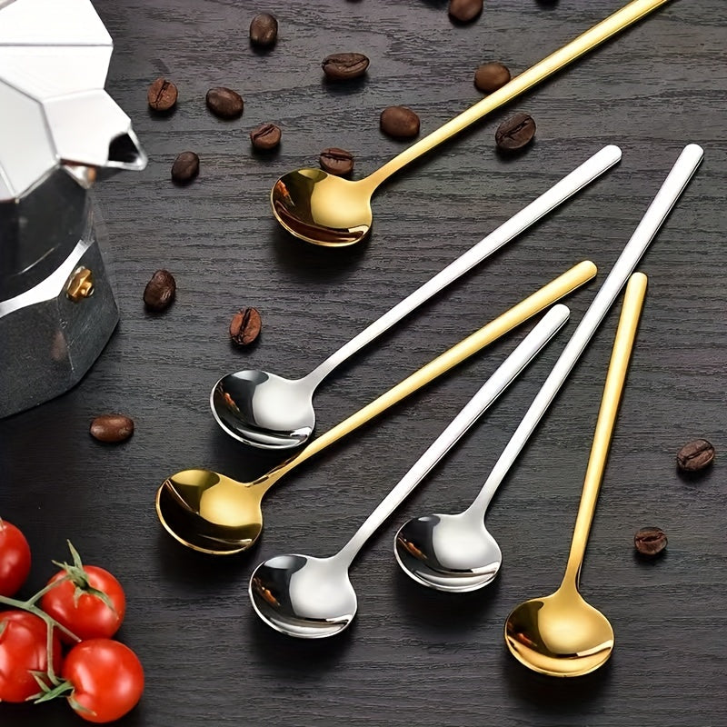 Set of 4 Stainless Steel Long-Handled Spoons - Ideal for Coffee, Milk, Ice Cream, and Honey - Beautiful Gold Finish, Small Round Design, Great for Mixing and Serving Cake